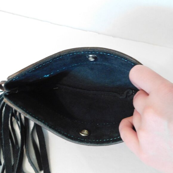 Leather Fringe Wallet Small Clutch Purse Western Black Brown Blue Snap - Picture 4 of 7